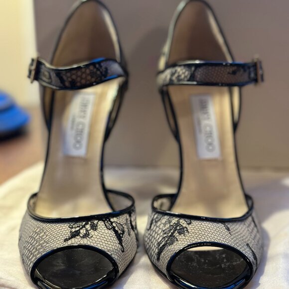 Jimmy Choo Patent Black Lace Articolo Peep-toe Size 38.5 (Women's 8) - Picture 3 of 8